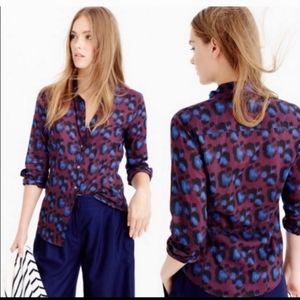 J. Crew Perfect Cotton/Silk Cobalt Leopard Print Button Up Shirt Sz 4